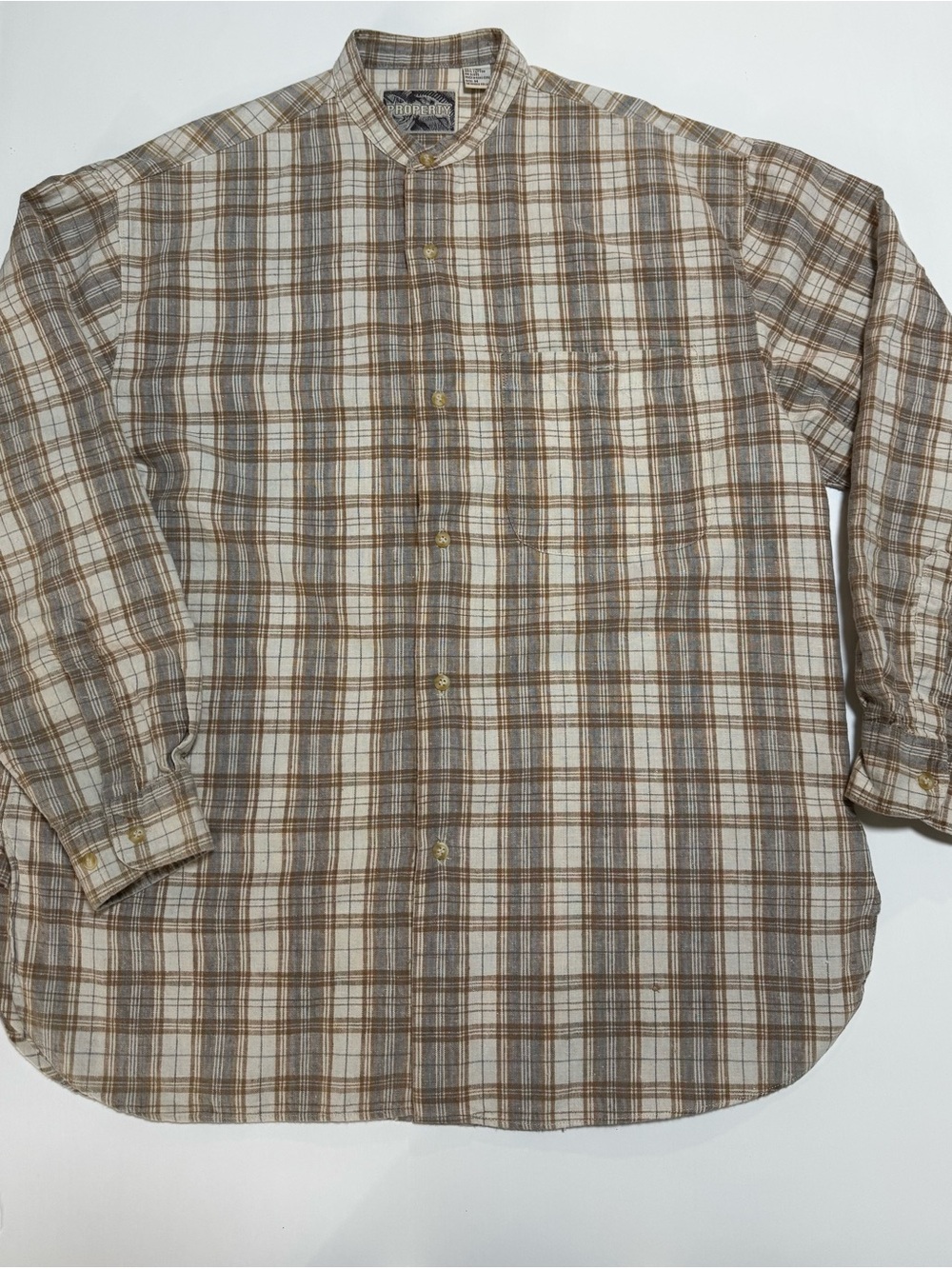 Property linen Mandarin Collar Plaid Button-Down Shirt in Brown & Cream, M
